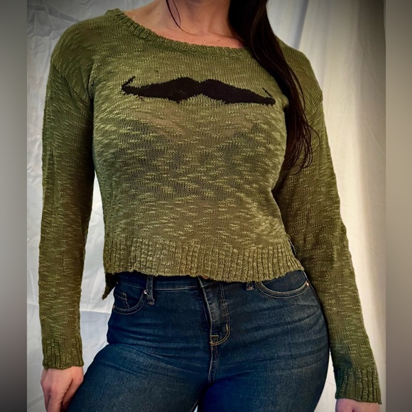 Heart N Crush Sweaters - Heart N Crush Green Knit Mustache Distressed Crop Sweater